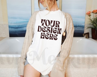 Comfort Colors C1717 Mockup maglietta oversize bianca - Trendy C1717 Mockup - Mockup Boho - Mockup retrò - Mockup estetico