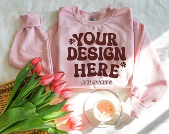 Light Pink Gildan 18000 Mockup, Light Pink Crewneck Sweatshirt Mockup, Folded Flat Lay, Spring Boho Mockup