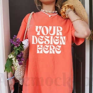 Comfort Colors C1717 Bright Salmon Oversized T Shirt Mockup - Trendy C1717 Mockup - Boho Mockup - Retro Mockup - Aesthetic Mockup