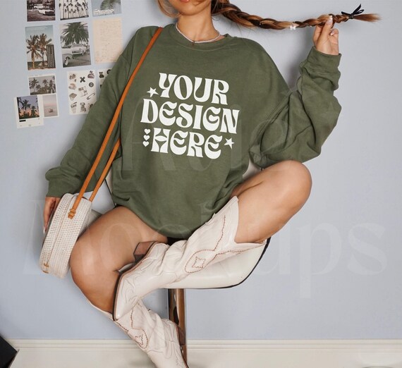 Gildan 18000 Military Green Sweatshirt Mockup - G180 Green Crewneck Mock-up - Western Mockup - Cowgirl Mockup