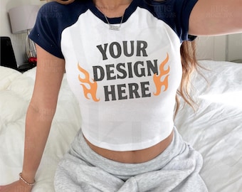 Navy / White Bella Canvas 1201 Raglan Baby Tee Mockup, Trendy Influencer Mockup, Retro Y2k Mockup, Vintage Mockup, Real Model Mockup