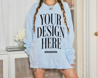 Comfort Colors C1566 Chambray Sweatshirt Mockup, 1566 Chambray Crewneck Mockup , C1566 Mockup, CC1566 Mockup