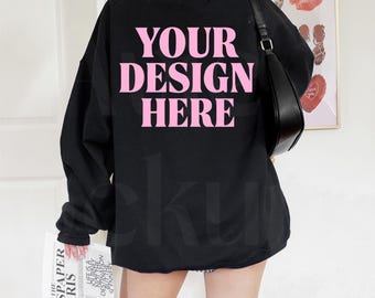 Gildan 18000 Schwarz Rückseite Sweatshirt Mockup - G180 Schwarz Rundhals Mockup - Retro Vintage Mockup