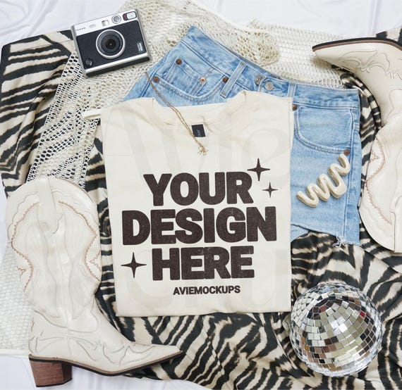 Gildan 64000 Natural Flat Lay Mockup, G640 Off-White T-shirt Mock-up, Gildan Softstyle T Shirt, Western Mockup, Folded Mockup, Retro Country