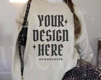 Gildan 18000 Sand Sweatshirt Mockup - G180 Sand Crewneck Mockup - Gildan 180 Beige Tan Sweater