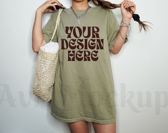 Comfort Colors C1717 Khaki Oversized T Shirt Mockup - Trendy C1717 Mockup - Boho Mockup - Retro Mockup - Aesthetic Mockup
