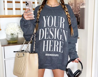Gildan 18000 Dark Heather Sweatshirt Mockup - G180 Dark Heather Crewneck Mockup - Modern Trendy Mockup
