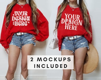 Gildan 18000 Red Crewneck Sweater Mockup - Casual iPhone Mockup - Western Mockup