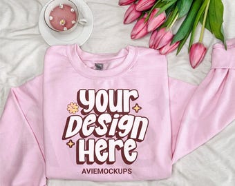 Light Pink Gildan 18000 Mockup, Light Pink Crewneck Sweatshirt Mockup, Folded Flat Lay, Spring Boho Mockup