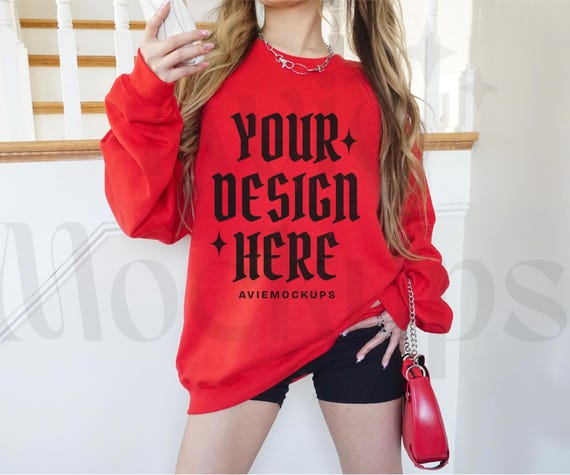 Gildan 18000 Red Sweatshirt Mockup - G180 Red Crewneck Mockup - Gildan Red Pullover