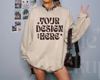Gildan 18000 Sand Sweatshirt Mockup - G180 Sand Crewneck Mockup - Modern Trendy Mockup
