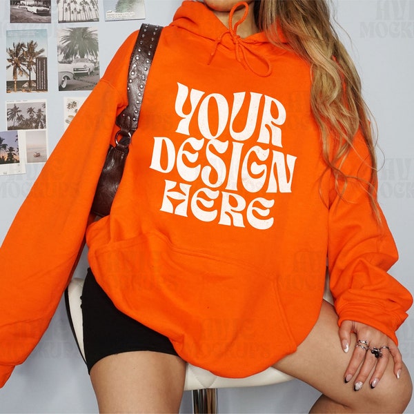 Gildan 18500 Orange Hoodie Mockup - Oversized Gildan Hooded Sweatshirt