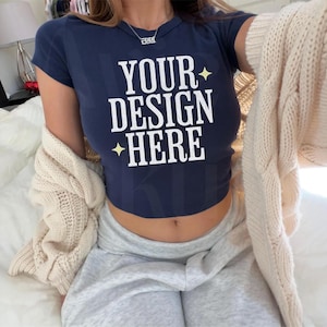 Navy Blue Bella Canvas 1010 Micro Ribbed Baby Tee Mockup, Trendy Influencer Mockup, Retro Y2k Mockup, Vintage Mockup, Real Model Mockup