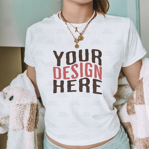 White Gildan 5000B Trendy Baby Tee Mockup - Y2K Mockup - Boho Mockup