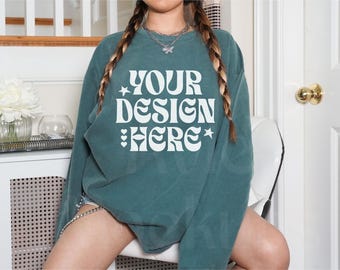 Comfort Colors 1566 Blue Spruce Sweatshirt Mockup, Oversized Crewneck Sweater