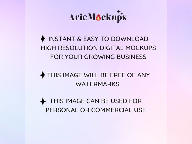 May include: Avie Mockup's text on a pink and purple gradient background. The text says "Instant & Easy to Download High Resolution Digital Mockups for Your Growing Business. This Image Will Be Free of Any Watermarks. This Image Can Be Used for Personal or Commercial Use."