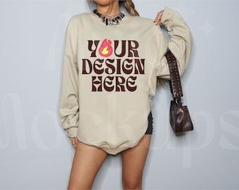 Gildan 18000 Sand Sweatshirt Mockup - G180 Sand Crewneck Mockup