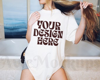 Comfort Colors C1717 Mockup maglietta oversize bianca - Trendy C1717 Mockup - Mockup Boho - Mockup retrò - Mockup estetico
