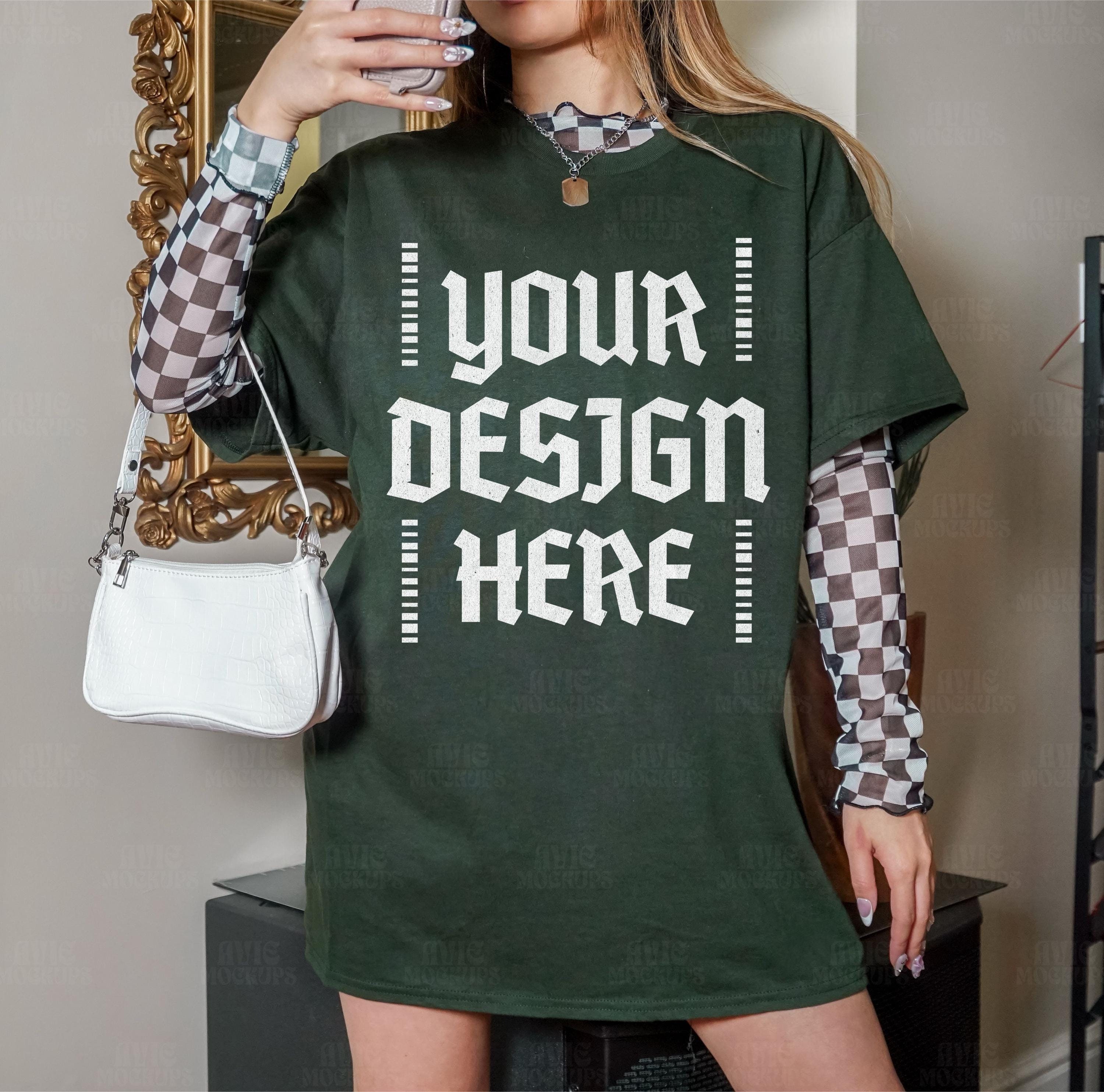 Gildan 5000 Forest Green Oversized T Shirt Mockup