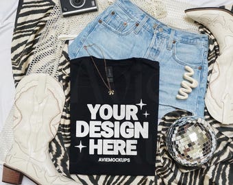 Gildan 64000 Black T-shirt Flat Lay Mockup: Retro Western (JPEG File)