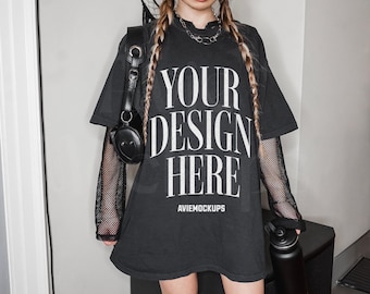 Komfort Farben C1717 Schwarz Übergroßes T-Shirt Mockup - Grunge C1717 Mockup - Edgy Mockup - Retro Mockup - Y2K Mockup - Cyberpunk
