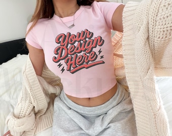 Pink Bella Canvas 1010 Micro Ribbed Baby Tee Mockup, Trendy Influencer Mockup, Retro Y2k Mockup, Vintage Mockup, Real Model Mockup