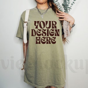 Comfort Colors C1717 Khaki Oversized T Shirt Mockup - Trendy C1717 Mockup - Boho Mockup - Retro Mockup - Aesthetic Mockup