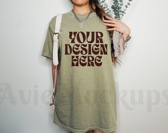 Comfort Colors C1717 Khaki Oversized T Shirt Mockup - Trendy C1717 Mockup - Boho Mockup - Retro Mockup - Aesthetic Mockup