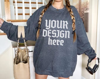 Gildan 18000 Dark Heather Sweatshirt Mockup - G180 Dark Heather Crewneck Mockup - Modern Trendy Mockup
