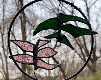 Stained Glass Floral Botanical Sun Catcher | Green & Pink