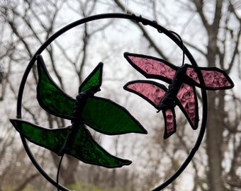 Stained Glass Floral Botanical Sun Catcher | Green & Pink