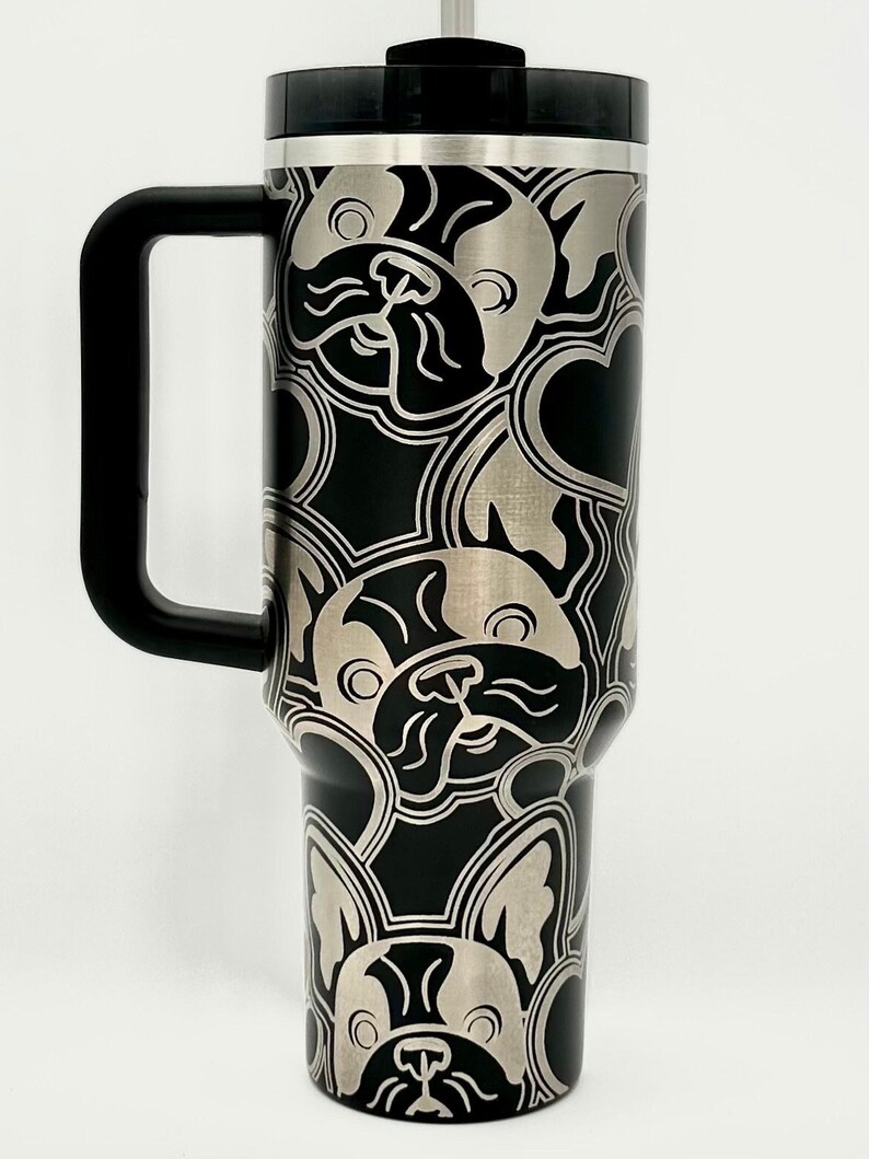 may include: Frenchie engraved cup, engraved Frenchie tumbler, Stanley engraved French bulldog cup, French bulldog tumblers, Stanley engraved french bulldog cup,