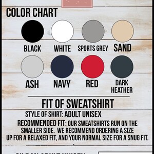 May include: Color chart for a Gildan adult unisex crewneck sweatshirt.  The chart shows 10 different color options: black, white, sports grey, sand, ash, navy, red, dark heather, and two shades of heather grey.  The text "Fit of Sweatshirt" is below the color chart.  The text "Style of Shirt: Adult Unisex" is below the "Fit of Sweatshirt" heading.  The text "Recommended Fit: Our sweatshirts run on the smaller side. We recommend ordering a size up for a relaxed fit, and your normal size for a snug fit." is below the "Style of Shirt" text.  The text "Gildan Adult Unisex Crewneck Sweatshirt" is below the fit information.  The text "Sizing Chart on Next Page" is in a box with a right arrow to the right of the text.