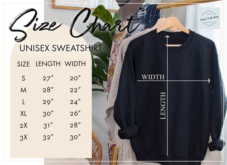 Puede incluir: Tabla de tallas para una sudadera unisex. La tabla muestra la longitud y el ancho en pulgadas para las tallas S, M, L, XL, 2X y 3X.