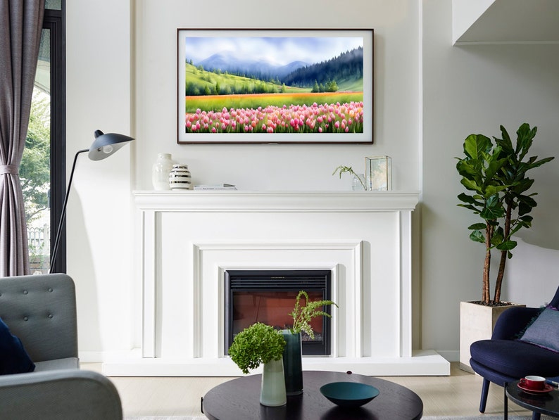 Samsung Frame TV Art Mountains in Spring Tulips Art for Frame TV