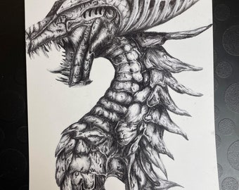 ORIGINAL Dragon Head Drawing Graphite, Hand - Drawn (7.25'' x 9'')