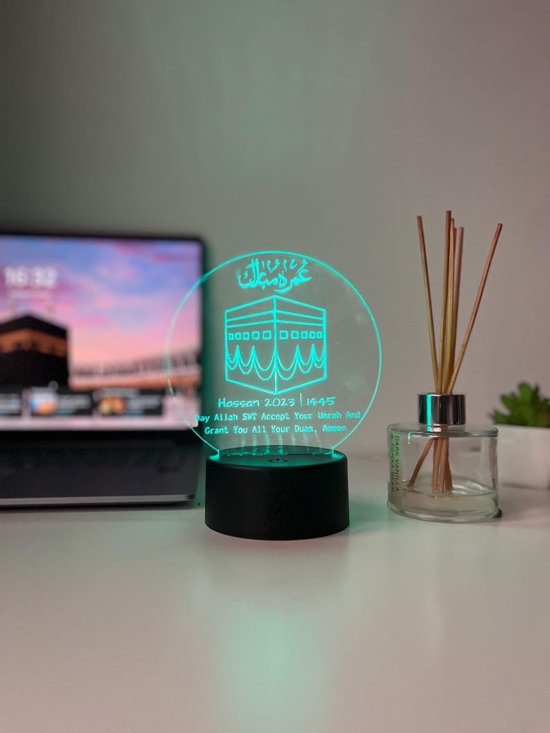 Personalised Umrah Mubarak LED Acrylic Lamp | Laser Engraved Islamic Night Light | Custom Hajj/Umrah Gift for Family or Couple image 6