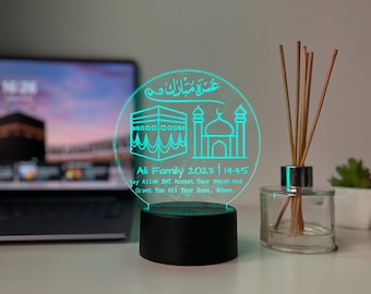 Umrah Mubarak Personalized LED Acrylic Lamp | Laser Engraved Arabic Light | Hajj & Umrah Home Decor Gift for Couples or Family