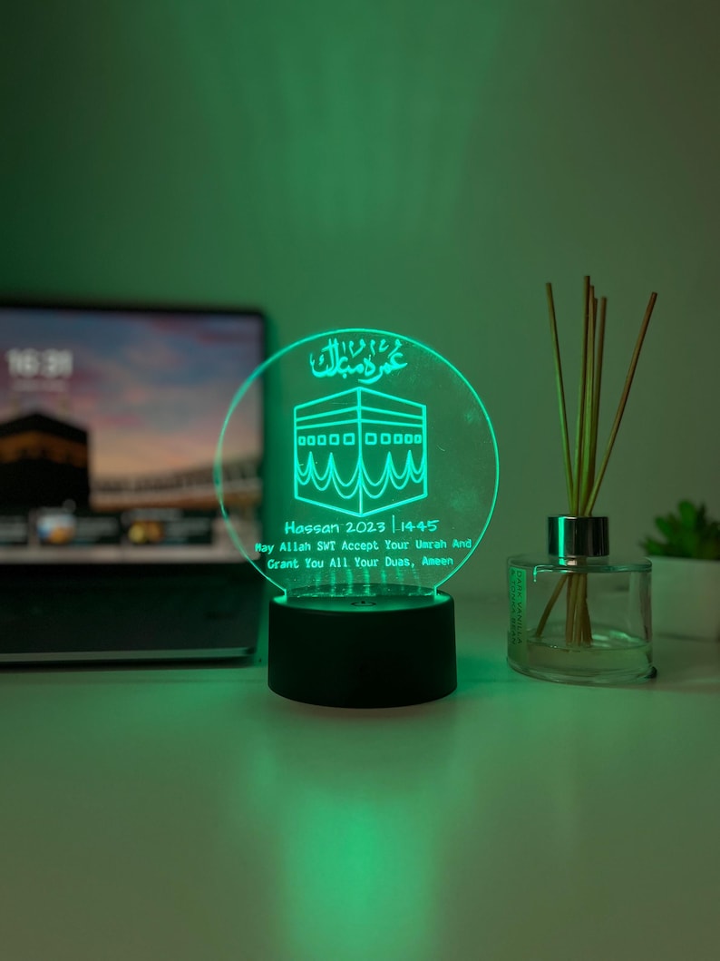 Personalised Umrah Mubarak LED Acrylic Lamp | Laser Engraved Islamic Night Light | Custom Hajj/Umrah Gift for Family or Couple image 8
