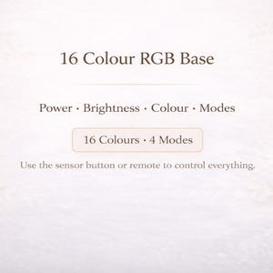 May include: Text on a light background reads "16 Colour RGB Base." Below, it lists "Power, Brightness, Colour, Modes." A button states "16 Colours &bull; 4 Modes." The text below says, "Use the sensor button or remote to control everything."