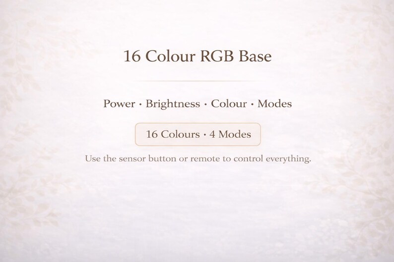 May include: Text on a light background reads "16 Colour RGB Base." Below, it lists "Power, Brightness, Colour, Modes." A button states "16 Colours &bull; 4 Modes." The text below says, "Use the sensor button or remote to control everything."