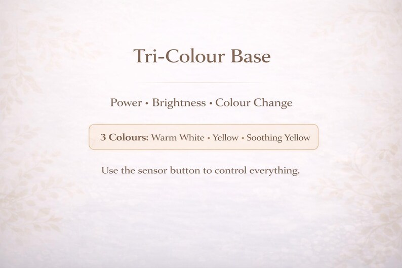 May include: Image of a cream-colored graphic with the text "Tri-Colour Base." It lists "Power, Brightness, Colour Change" and "3 Colours: Warm White, Yellow, Soothing Yellow." The text "Use the sensor button to control everything" is also present.