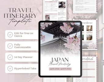 d'itinéraire de voyage mobile | Modèle de voyage personnalisable | Voyage de 14 jours | Voyage au Japon | Planificateur de voyage numérique | Planificateur de vacances