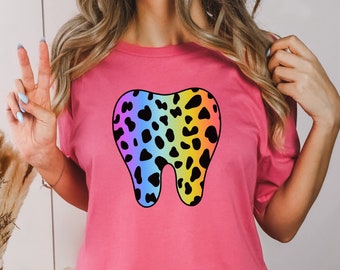Dental Shirts For Women, Rainbow Leopard Print Tooth Shirt, Dental Assistant Shirt, Dental Hygienist Shirt, Dental Office Shirts, Dental Tee