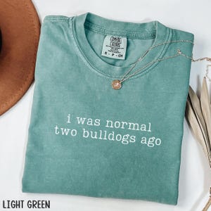 May include: Light green t-shirt with the text "i was normal two bulldogs ago" in white. A gold-colored necklace with a pendant rests on the shirt. The shirt is folded and placed on a white surface.