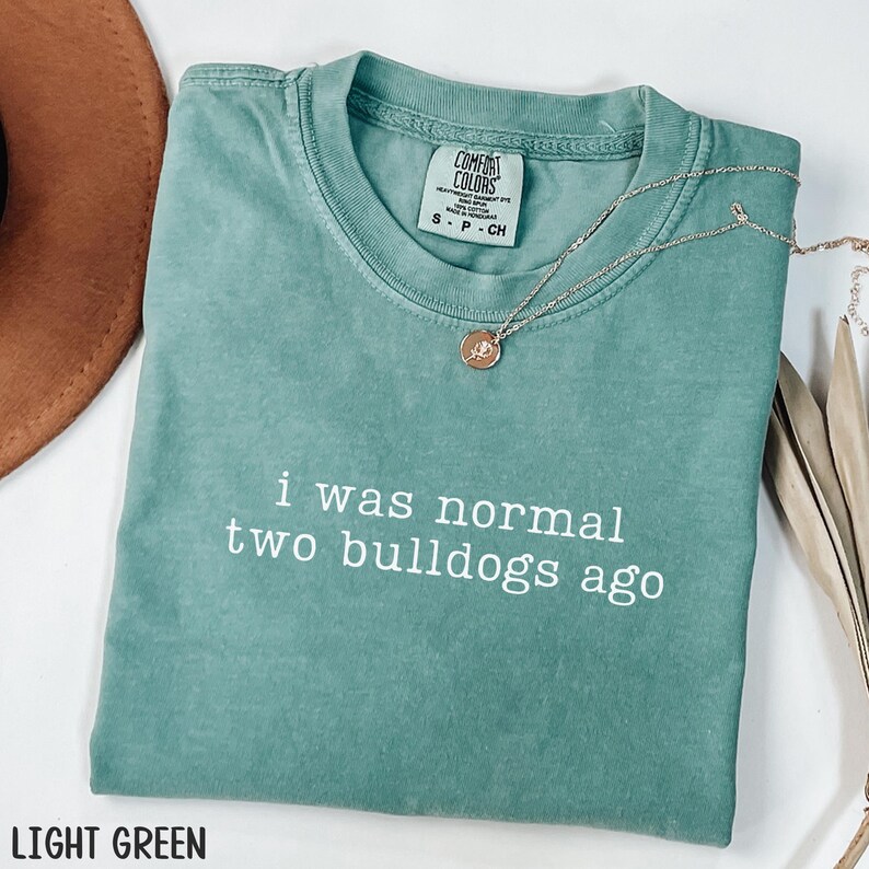 May include: Light green t-shirt with the text "i was normal two bulldogs ago" in white. A gold-colored necklace with a pendant rests on the shirt. The shirt is folded and placed on a white surface.