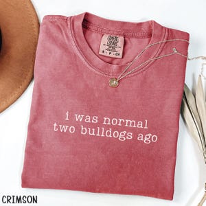 May include: Crimson-colored t-shirt with the text "i was normal two bulldogs ago" in white. The shirt has a crew neck and a small tag on the upper back. A silver necklace with a round pendant is draped across the shirt.