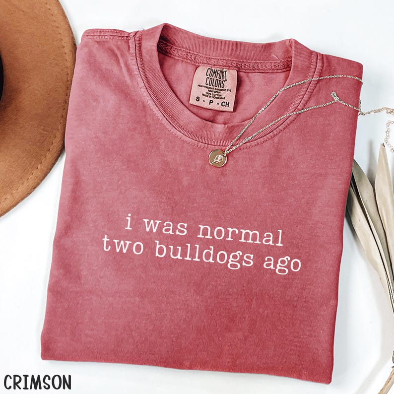 May include: Crimson-colored t-shirt with the text "i was normal two bulldogs ago" in white. The shirt has a crew neck and a small tag on the upper back. A silver necklace with a round pendant is draped across the shirt.