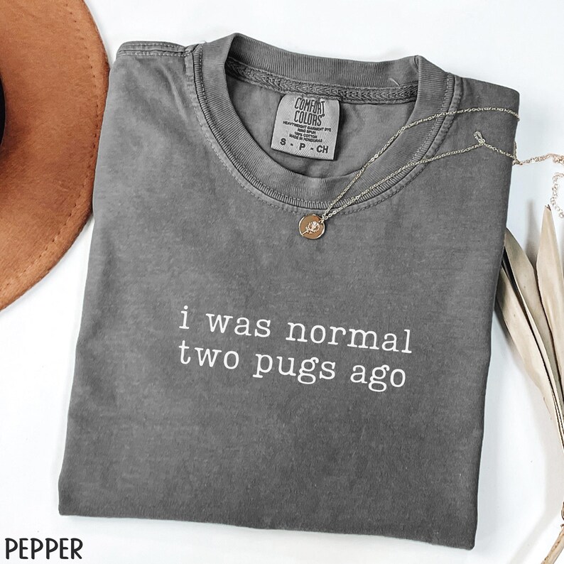 May include: A grey Comfort Colors t-shirt with the text "i was normal two pugs ago" in white. A silver necklace with a pendant is draped across the shirt. The shirt is folded and placed on a white surface.