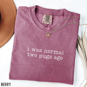 May include: Berry-coloured t-shirt with the text "i was normal two pugs ago." The shirt has a crew neck and a small tag. A gold necklace with a pendant is draped across the shirt.